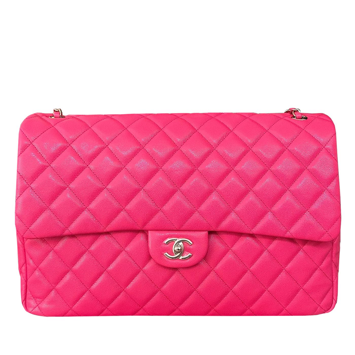 Red Chanel XXL Flap Bag Fuchsia Shiny Caviar Light Gold Hardware For Sale