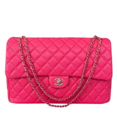 Chanel XXL Klappentasche Fuchsia Glänzend Kaviar Hell Gold Hardware