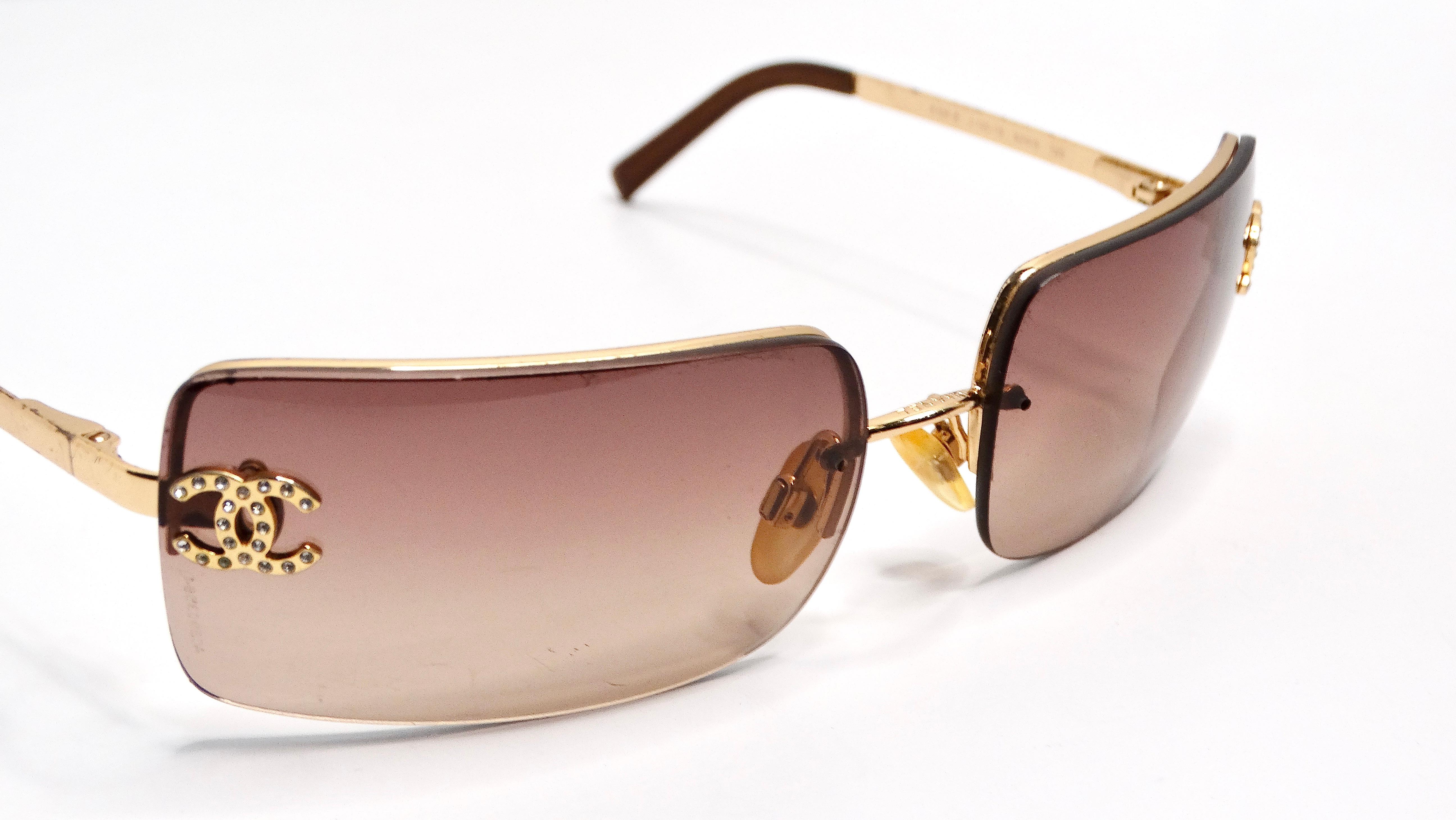 Introducing the Chanel Y2K Rhinestone CC Rectangular Brown Ombre Sunglasses, a stunning throwback piece that perfectly encapsulates early 2000s fashion trends. Circa early 2000s, these sunnies feature a chic rectangular shape that elegantly curves