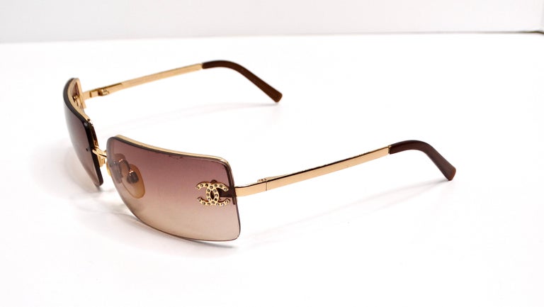Chanel Y2K Rhinestone CC Rectangular Brown Ombre Sunglasses 