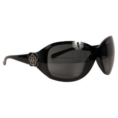 Chanel Vintage 6032 Camelia Flower Oversized Black Sunglasses Silver CC Logo