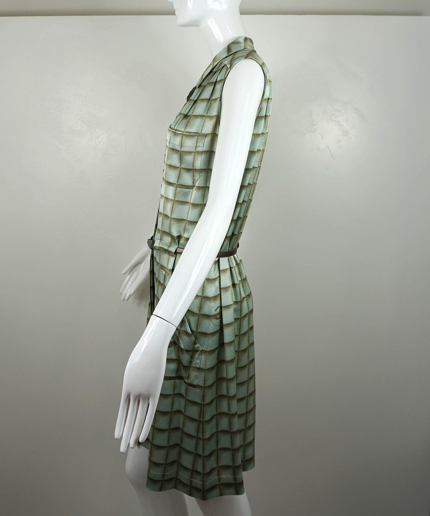 Gray Chanel Y2K Vintage Silk Seafoam Green CC Print Belted Dress 2000A