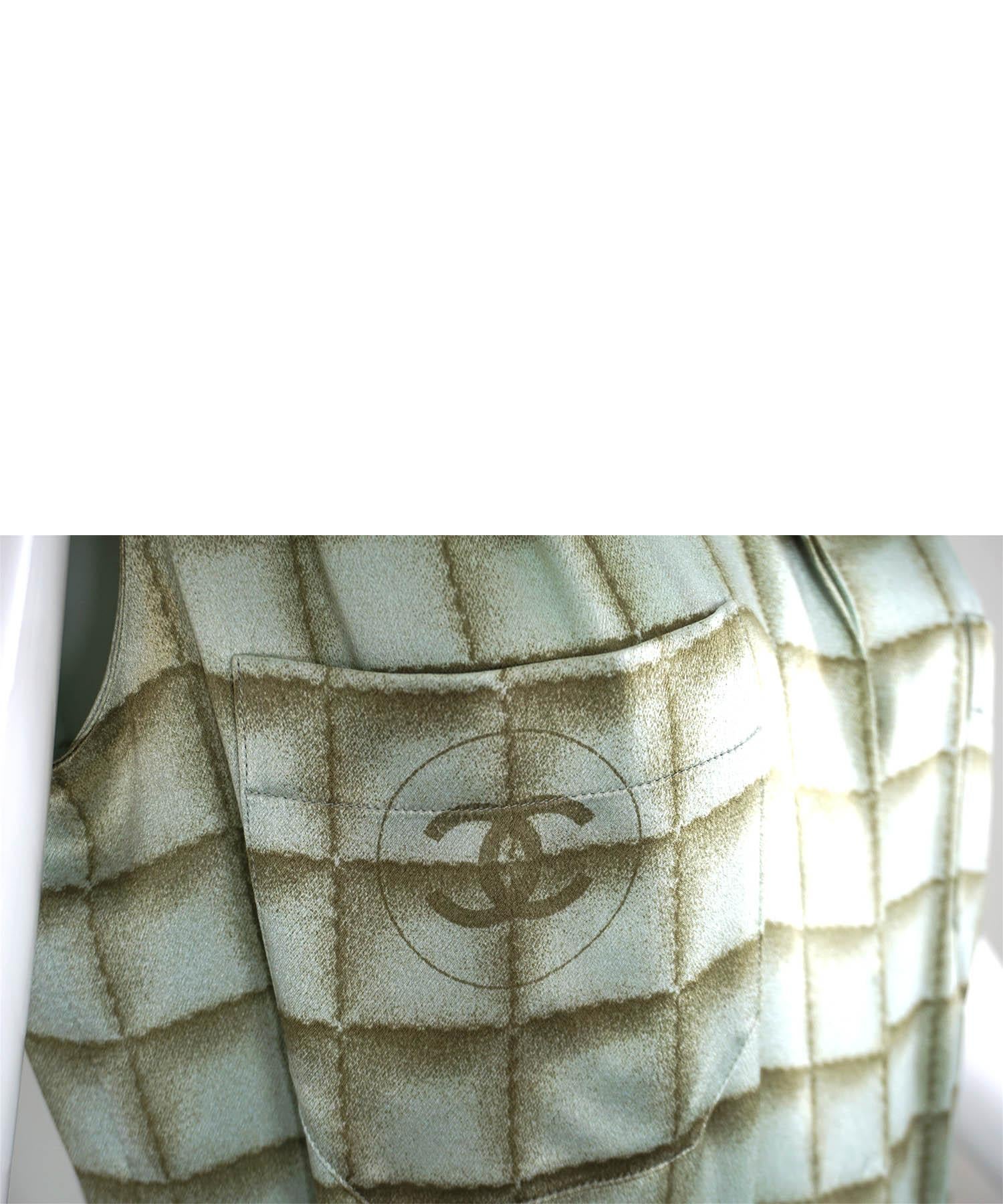Women's Chanel Y2K Vintage Silk Seafoam Green CC Print Belted Dress 2000A