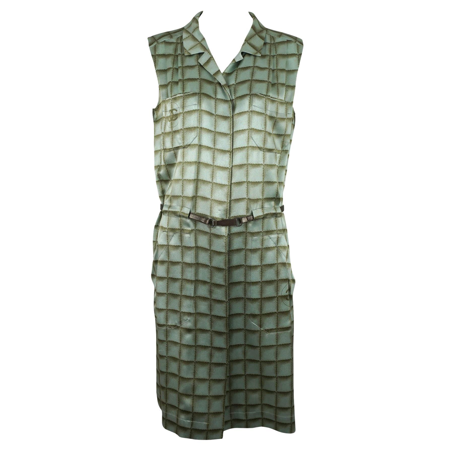 Chanel Y2K Vintage Silk Seafoam Green CC Print Belted Dress 2000A
