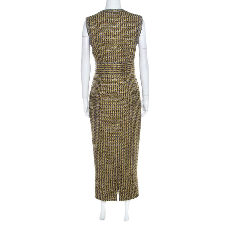 Chanel Yellow and Grey Fantasy Tweed Belted Blazer and Dress Set M In New Condition In Dubai, Al Qouz 2