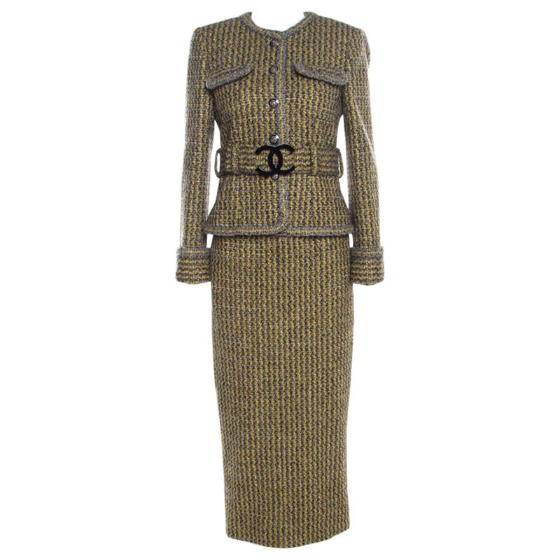 Chanel Yellow and Grey Fantasy Tweed Belted Blazer and Dress Set M