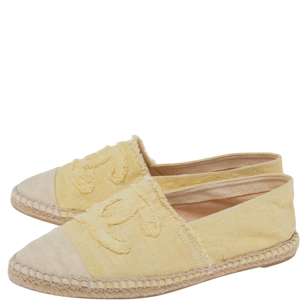 Chanel Yellow/Beige Canvas CC Cap Toe Espadrille Flats Size 38 3