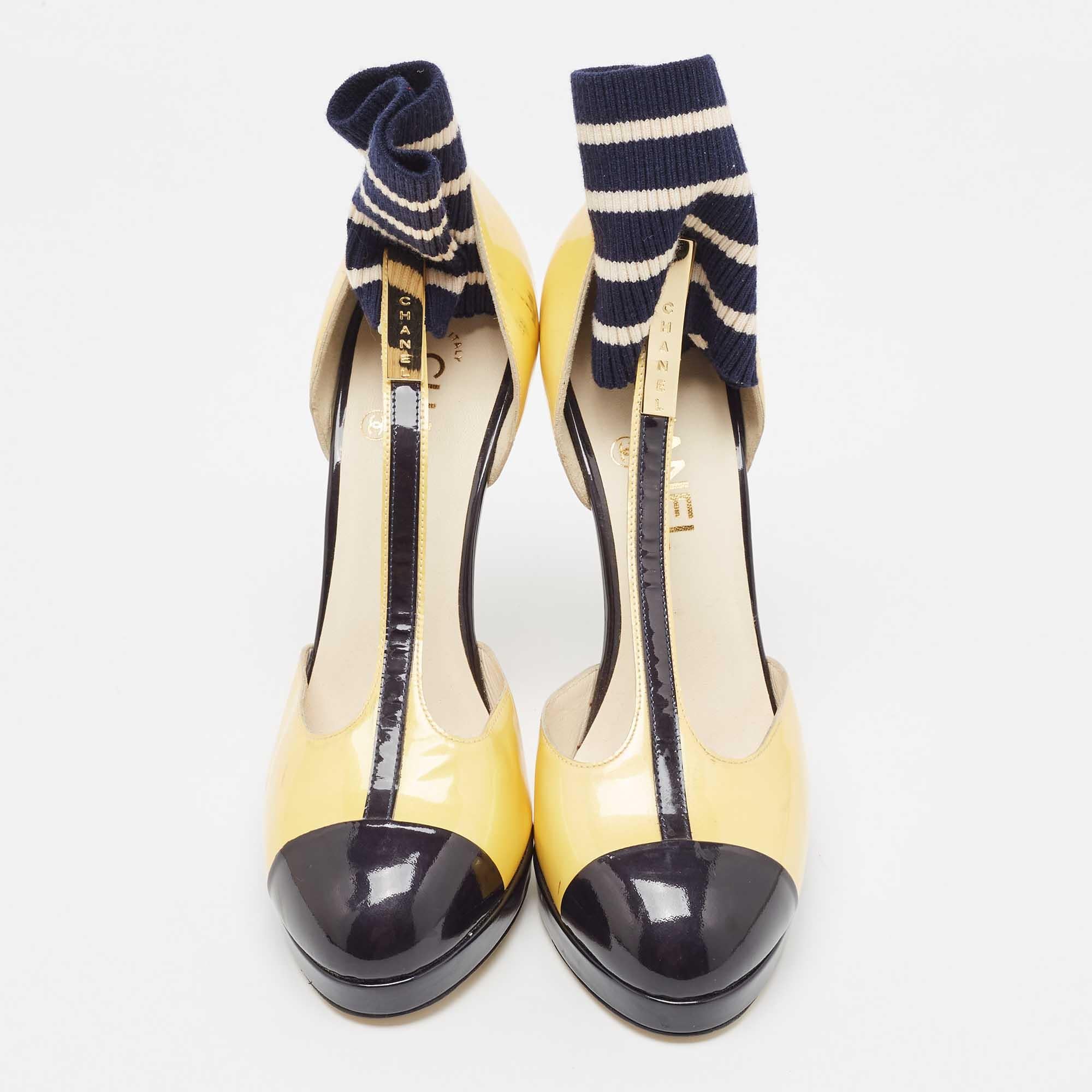 These pumps from Chanel feel like a dream and fit as if they have exclusively been crafted just for you. Look your stylish best every time you step out wearing these patent leather shoes. They feature ankle socks, cap toes and 14cm heels supported