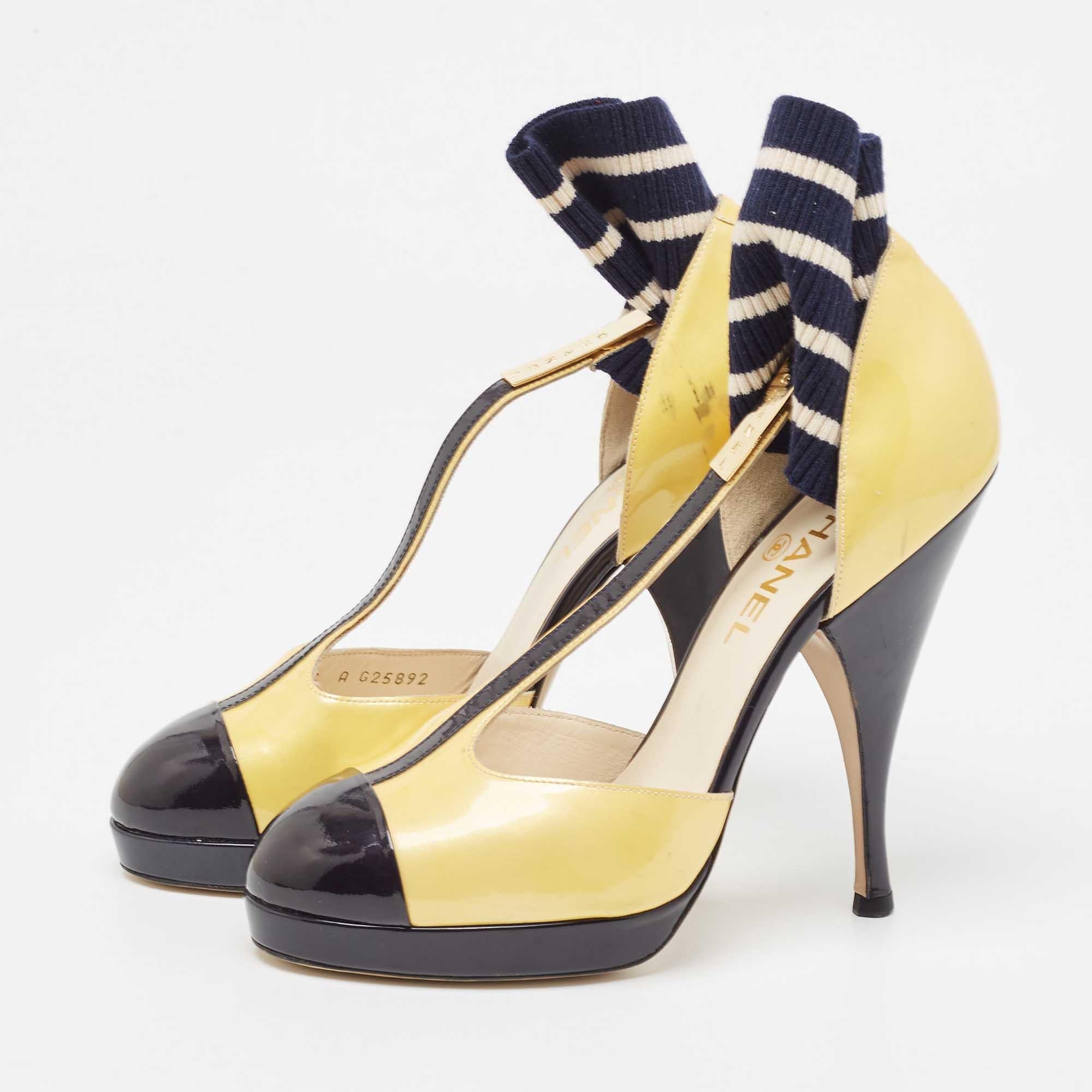 Women's Chanel Yellow/Black Patent Leather T-Strap Ankle Sock Platform Pumps Size 39 For Sale