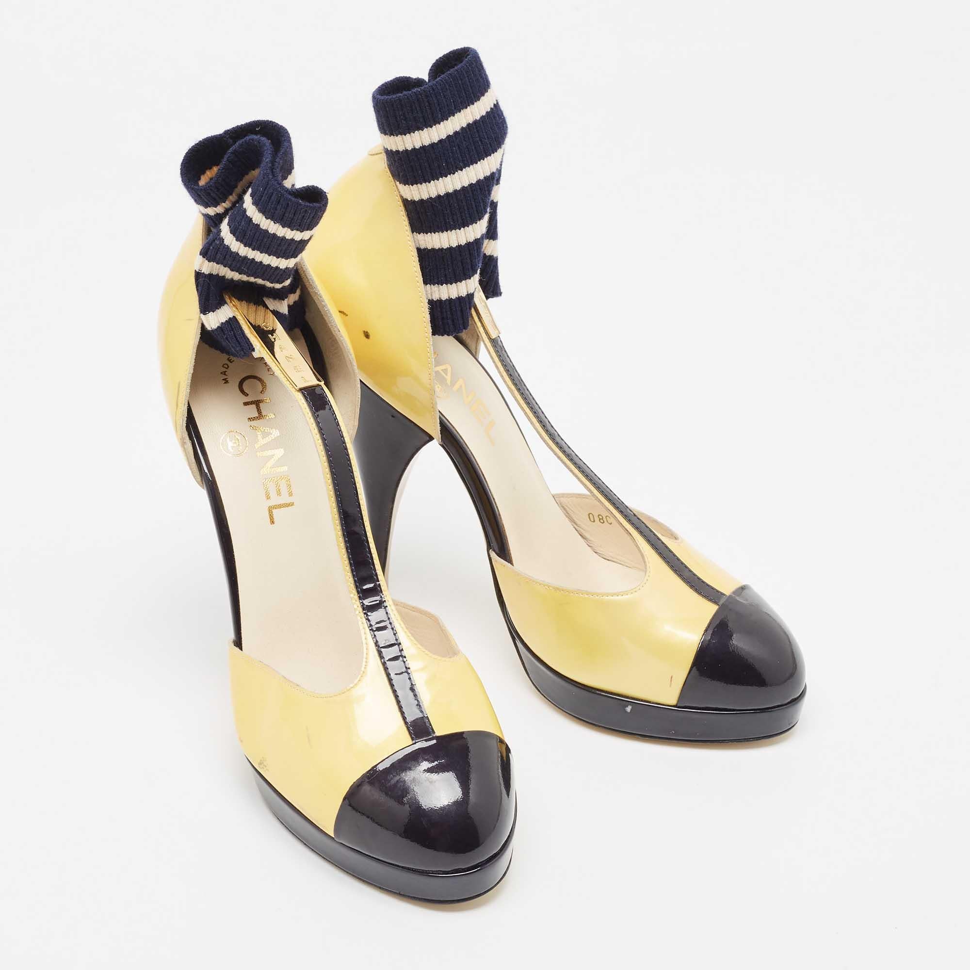 Chanel Yellow/Black Patent Leather T-Strap Ankle Sock Platform Pumps Size 39 For Sale 1