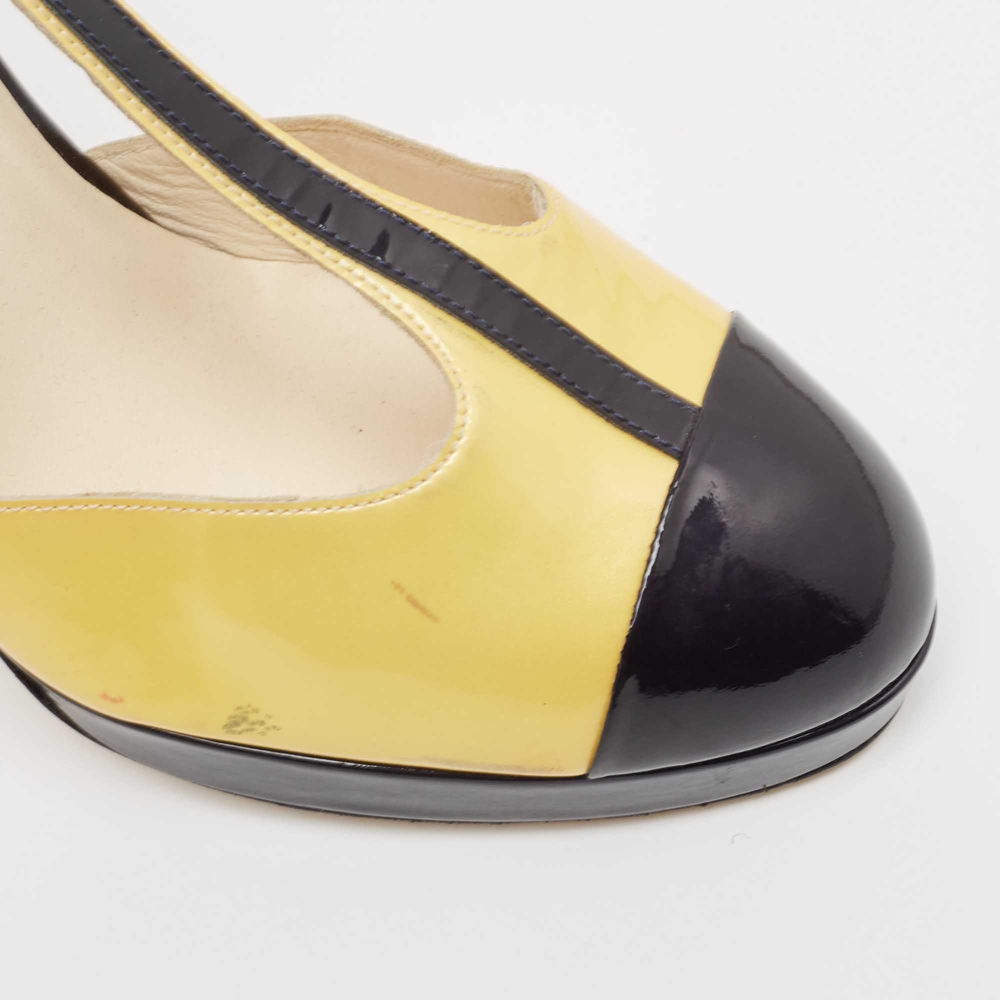 Chanel Yellow/Black Patent Leather T-Strap Ankle Sock Platform Pumps Size 39 For Sale 2