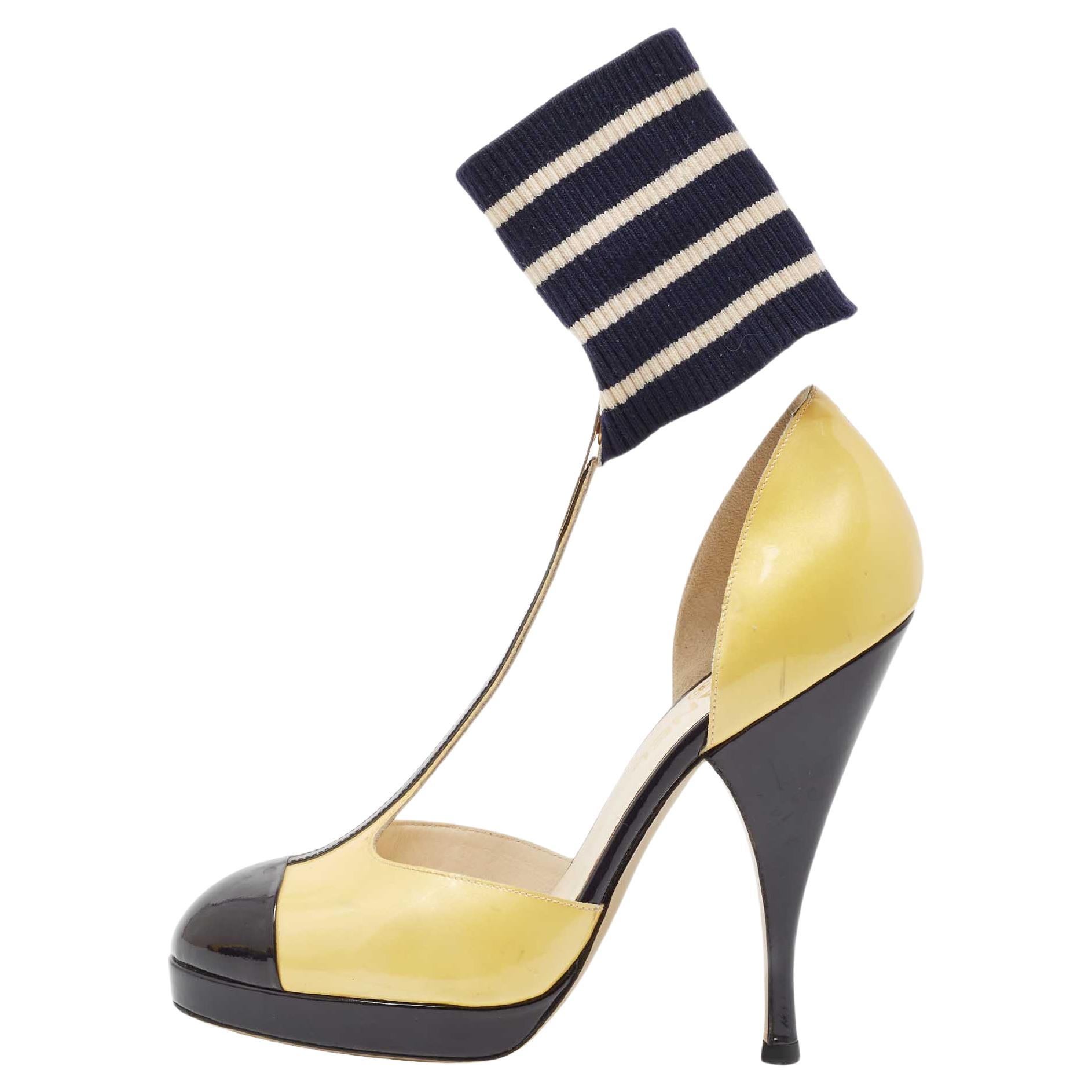Chanel Yellow/Black Patent Leather T-Strap Ankle Sock Platform Pumps Size 39 For Sale