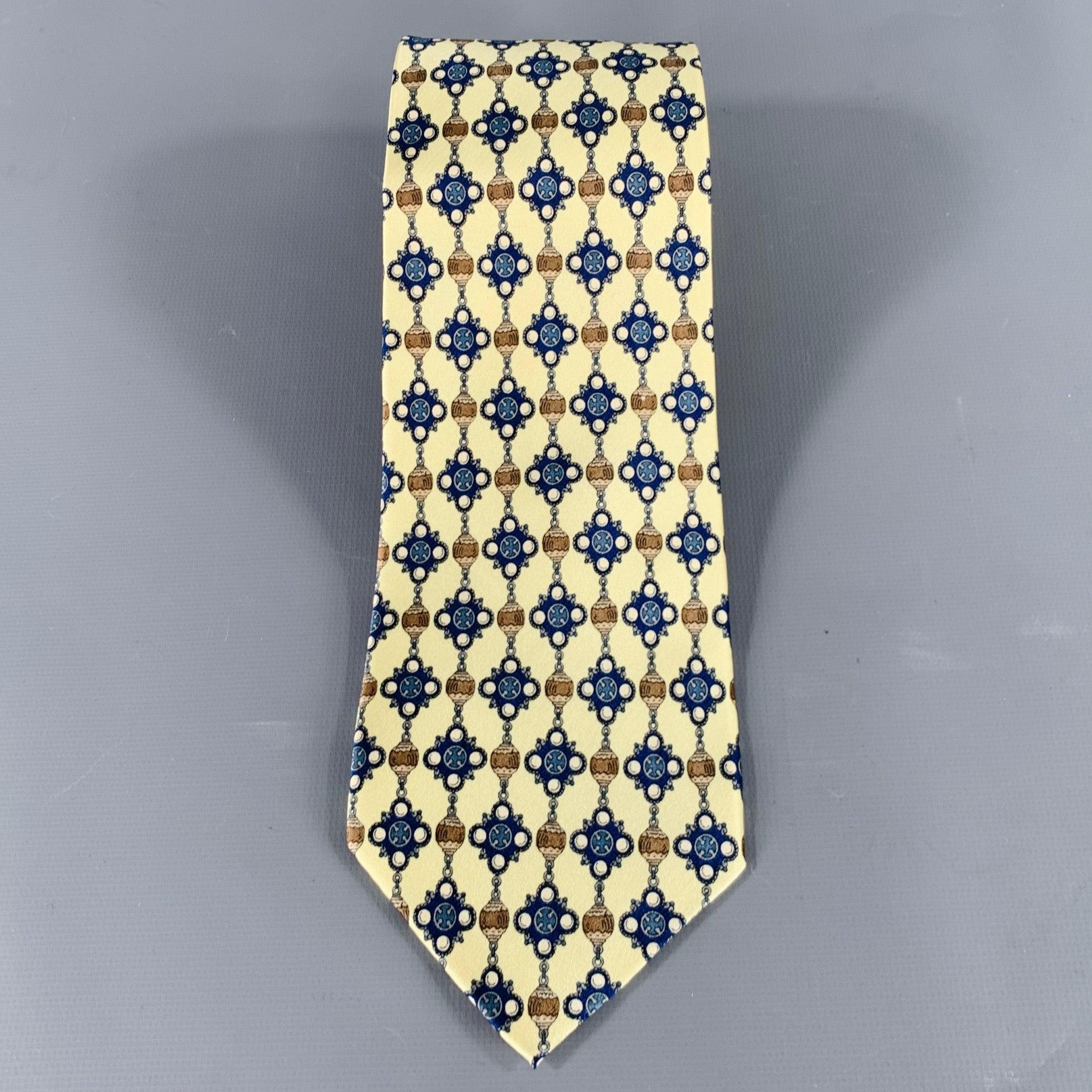 Beige CHANEL Yellow Blue Abstract Beaded Print Silk Tie For Sale