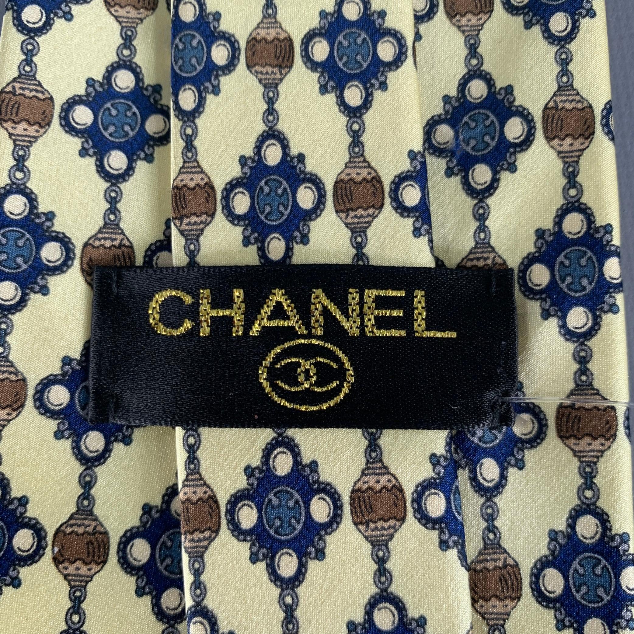 CHANEL Yellow Blue Abstract Beaded Print Silk Tie In Good Condition For Sale In San Francisco, CA