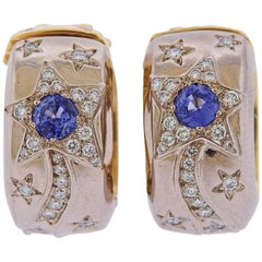 Vintage Chanel Yellow Blue Sapphire Diamond Gold Double Sided Hoop Earrings