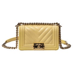 Chanel Yellow Chevron Leather Small Boy Flap Bag Gold Hardware