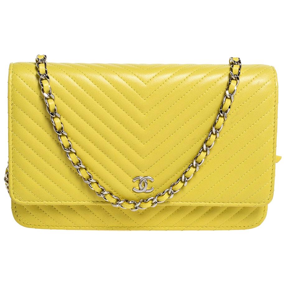 Chanel Yellow Chevron Leather Wallet on Chain