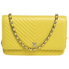 Chanel Yellow Chevron Leather Wallet on Chain