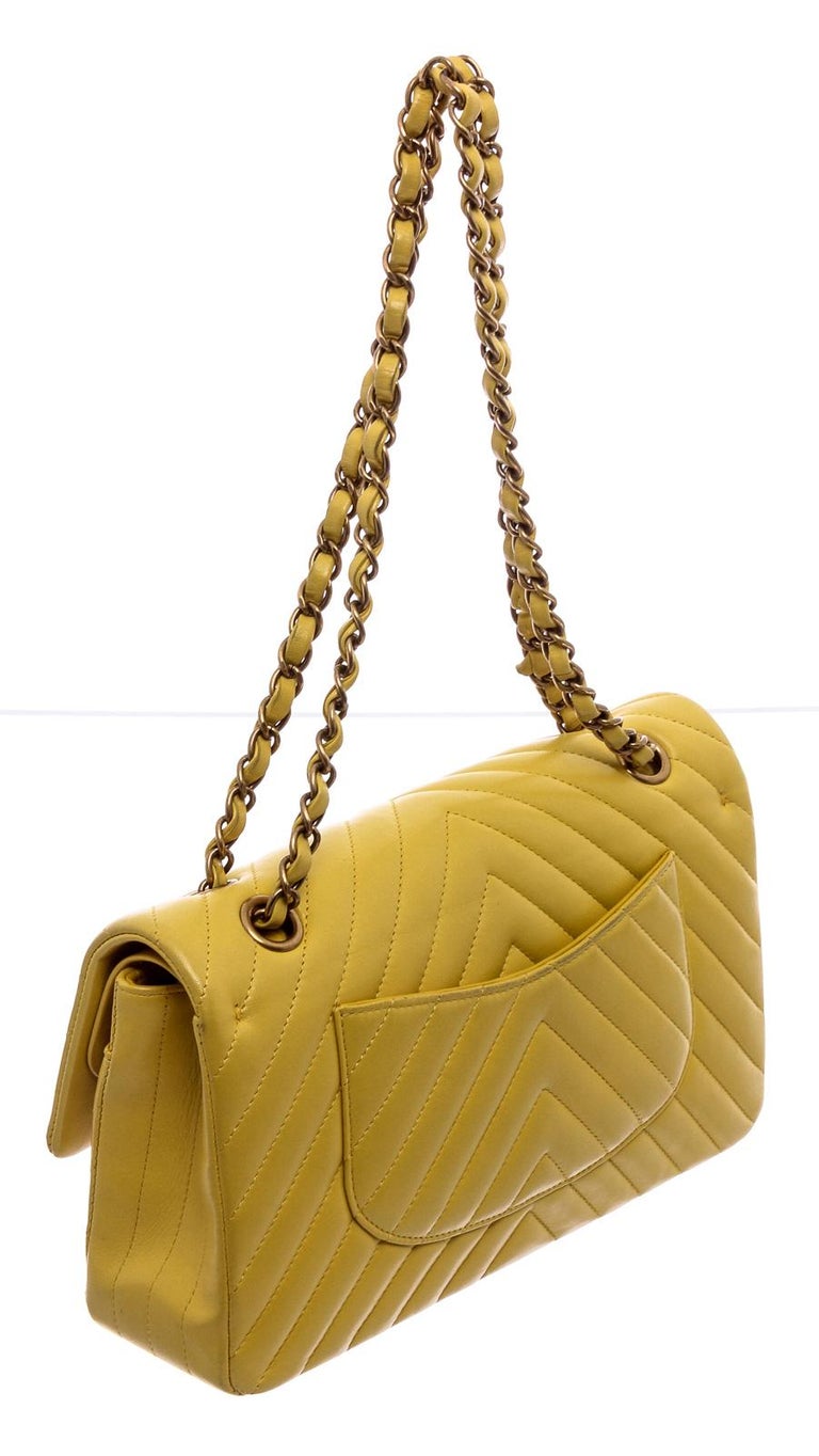 Chanel Yellow Chevron Quilted Leather Medium Double Flap Bag at