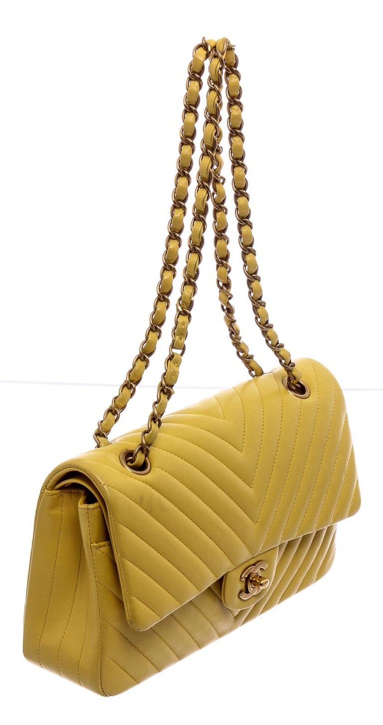 Chanel Yellow Chevron Quilted Leather Medium Double Flap Bag