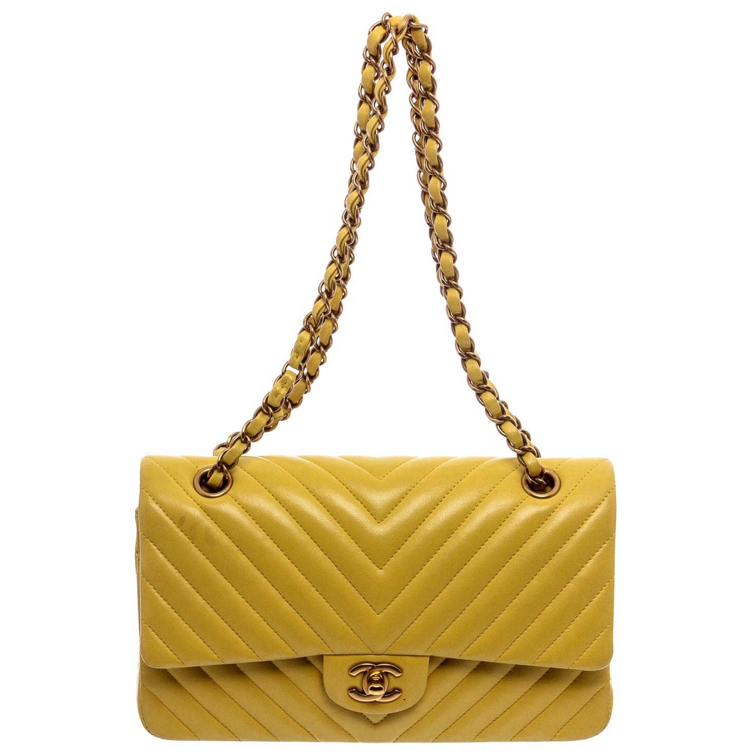  Chanel, Pre-Loved Yellow Metallic Quilted Lambskin