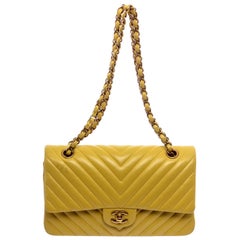 Chanel Yellow Chevron Quilted Leather Medium Double Flap Bag at 1stDibs
