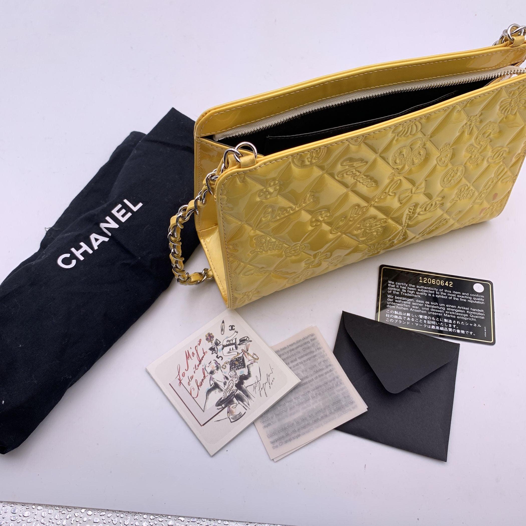 Chanel Yellow Embossed Patent Leather Lucky Symbols Pochette Bag For Sale 2