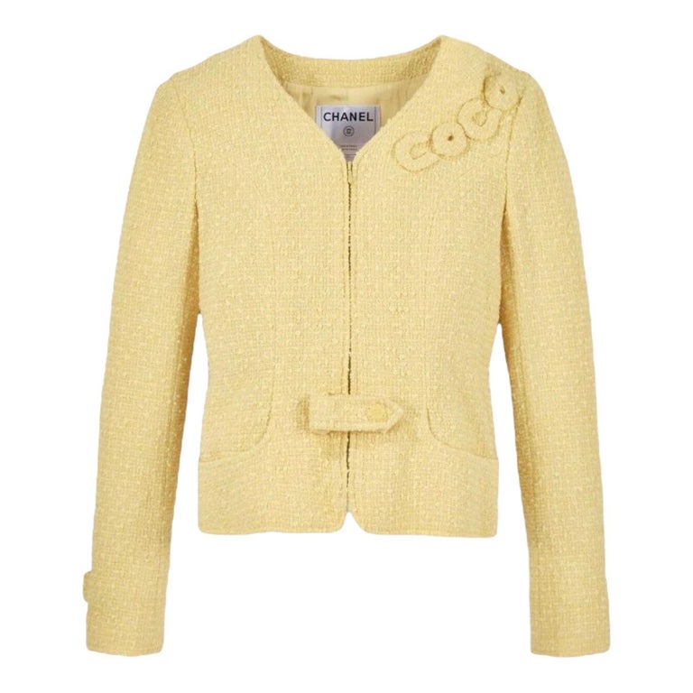 CHANEL Yellow Fantasy Tweed Jacket Blazer and Skirt Suit with COCO Detail  For Sale at 1stDibs
