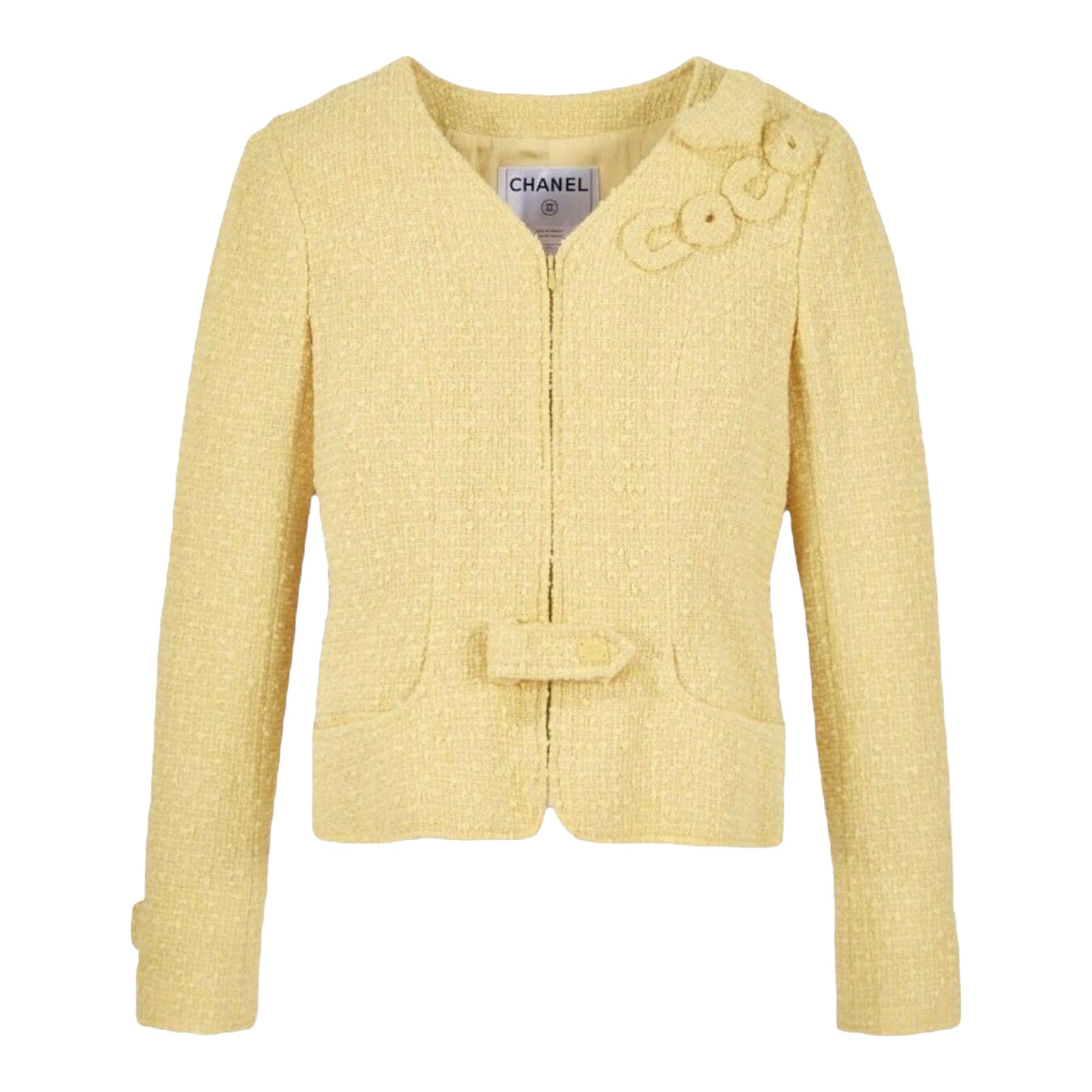CHANEL Giacca Blazer in tweed giallo fantasia con dettagli "COCO" 44
