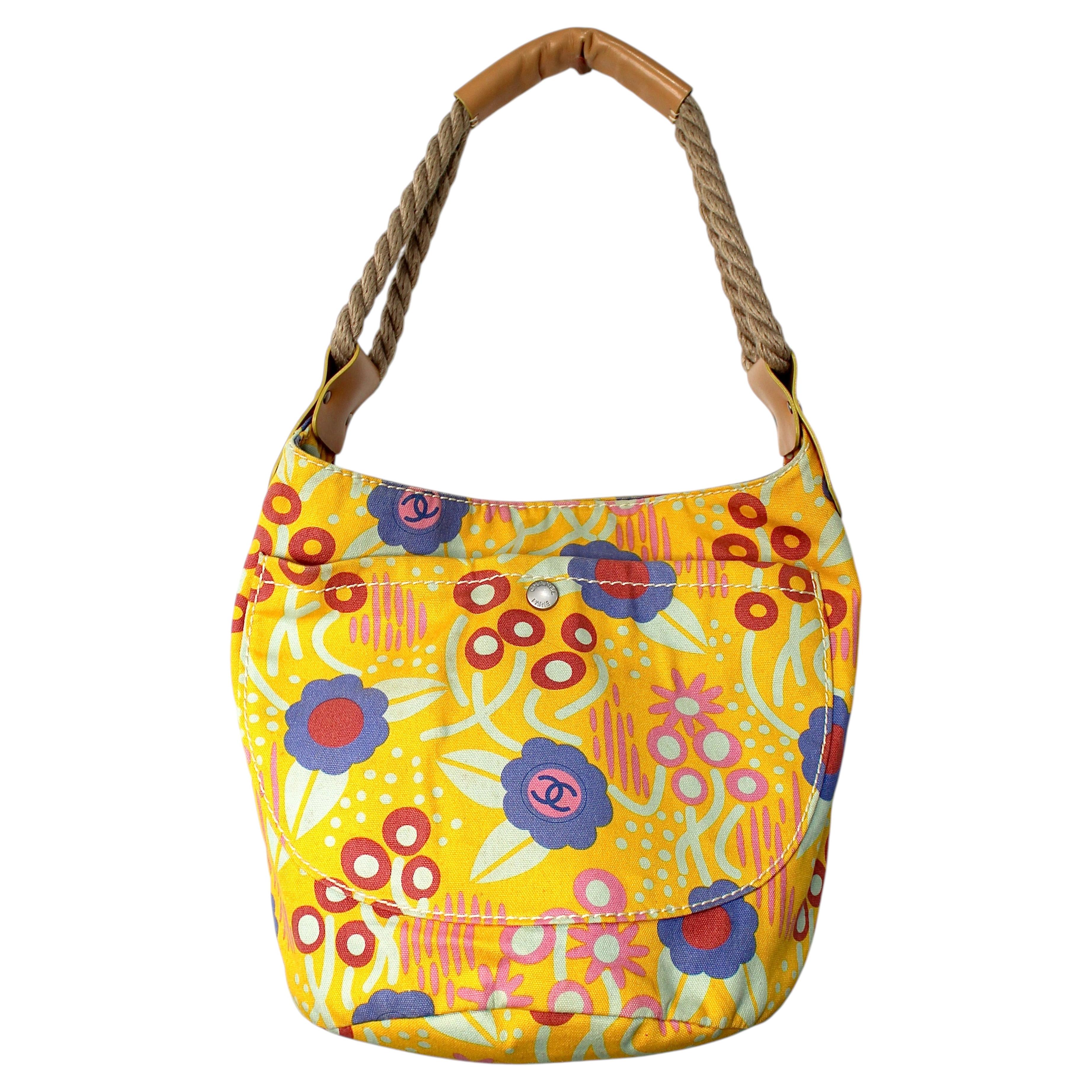 Chanel Yellow Floral Multicolor Canvas Bucket Bag circa 2003 For Sale