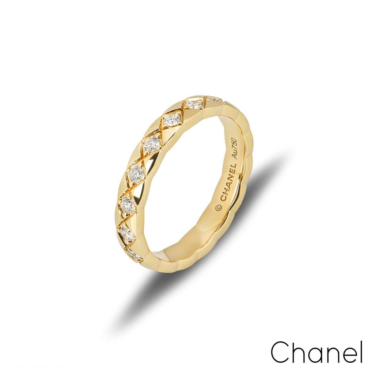 An 18k yellow gold ring from the Coco Crush collection by Chanel. The ring features a quilted pattern with round brilliant cut diamonds set throughout the ring. The diamonds have a total weight of 0.37ct. The ring measures 3mm in width, is a size UK