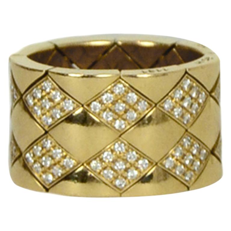 Chanel Yellow Gold & Diamond Quilted Coco Crush Metalasse Thick Band Ring sz 6