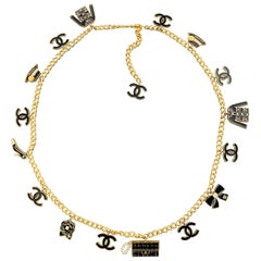 CHANEL Yellow Gold Tone Metal Chain Black Enamel Charms Belt