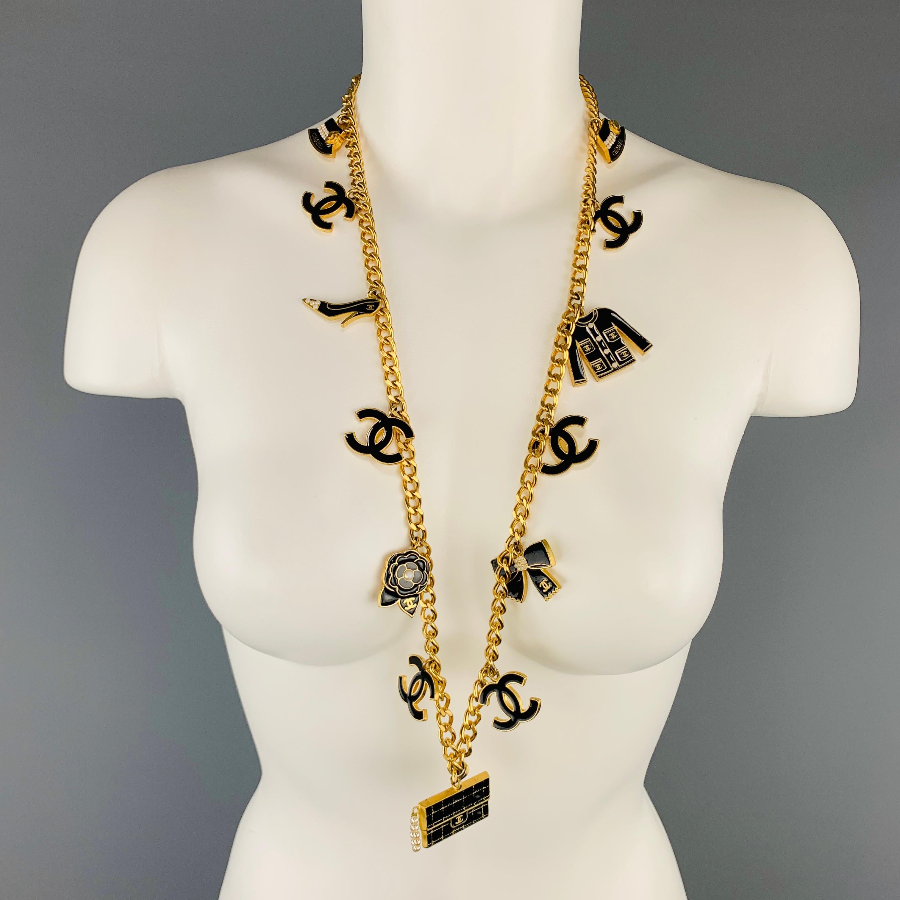 CHANEL Yellow Gold Tone Metal Chain Black Enamel Charms Belt In Excellent Condition In San Francisco, CA