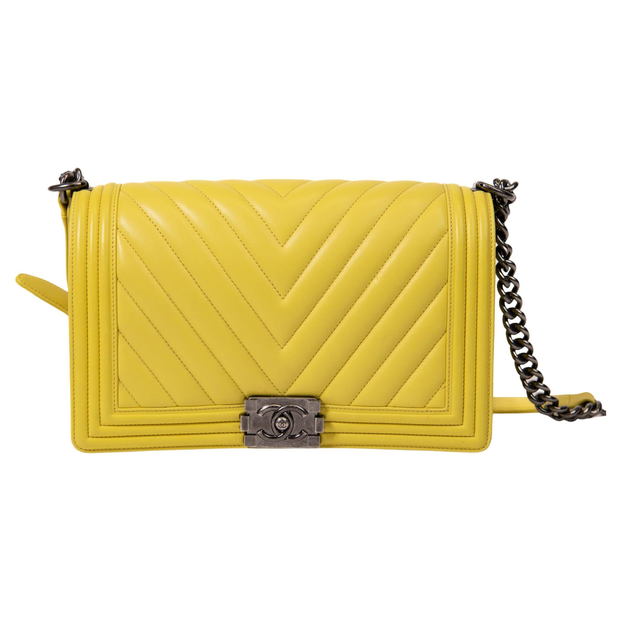 Chanel Yellow Lambskin Chevron Quilted Medium Boy Flap Ruthenium Hardware