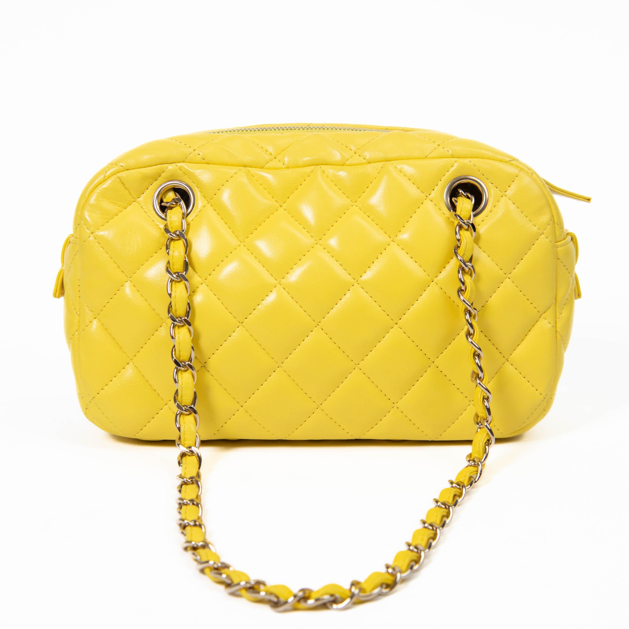 Chanel Yellow Lambskin Quilted Camera Case Gold Hardware In Good Condition In Corona Del Mar, CA