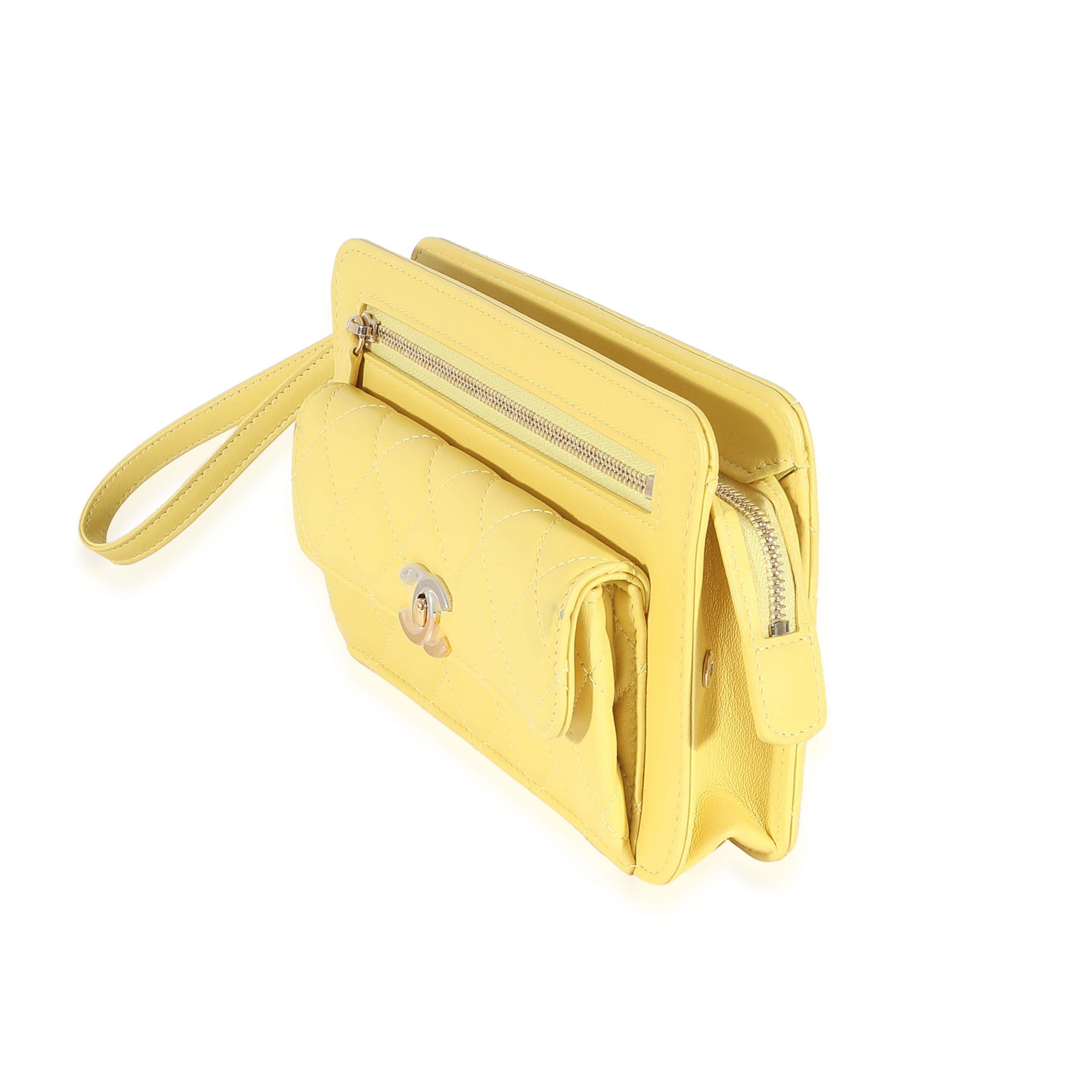 Chanel Yellow Lambskin Quilted Front Pocket Wristlet In Excellent Condition For Sale In New York, NY