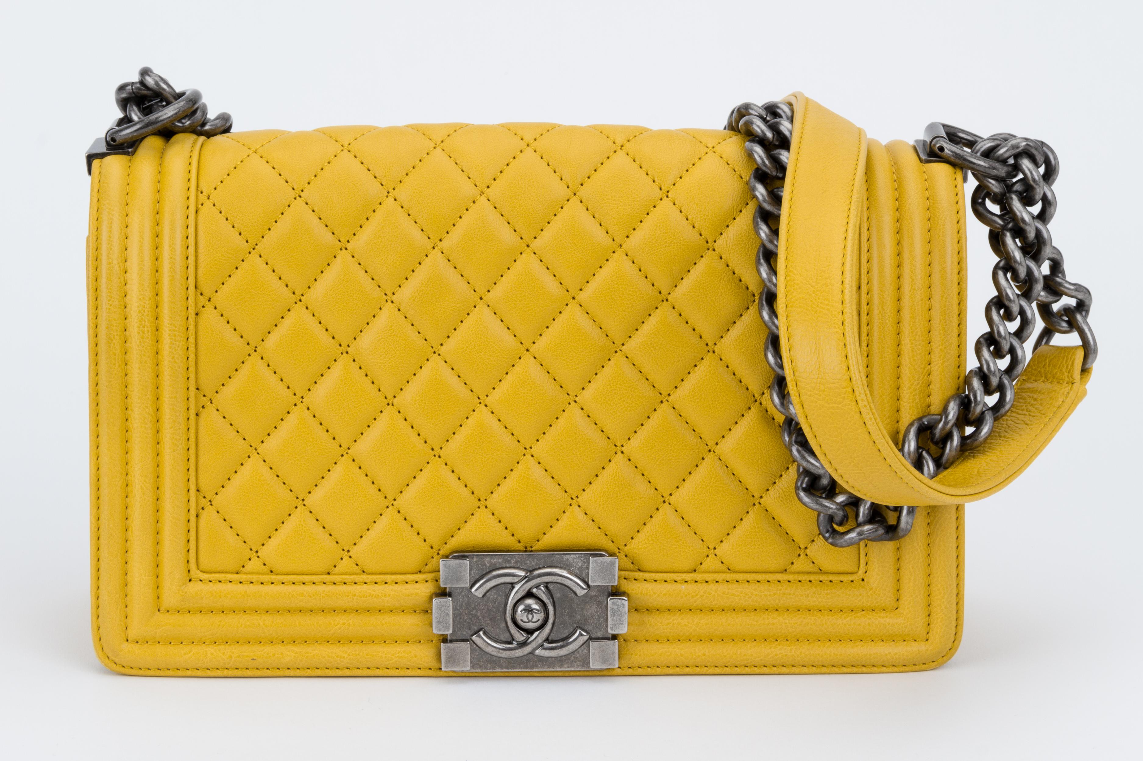 Chanel Yellow Leather Boy Bag Medium In Excellent Condition In West Hollywood, CA