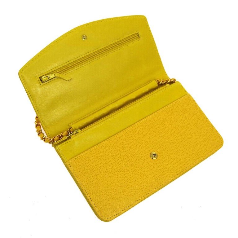 Chanel Yellow Leather Gold Small Wallet on Chain WOC Shoulder Flap Bag in Box For Sale at