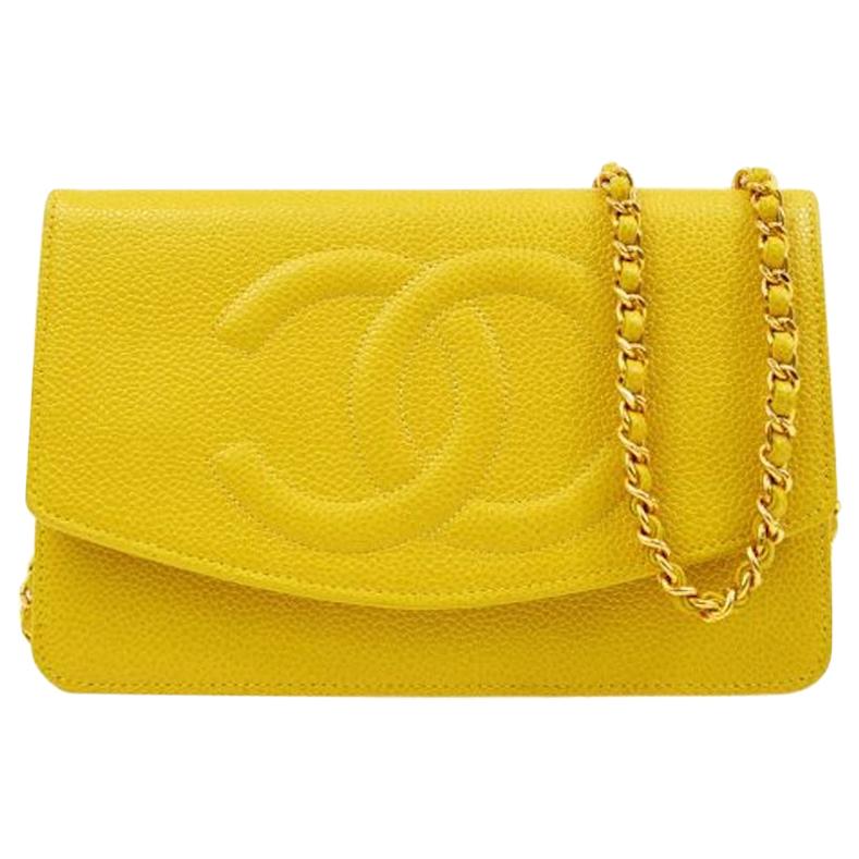 Chanel Yellow Leather Gold Small Wallet on Chain WOC Shoulder Flap Bag in  Box For Sale at 1stDibs
