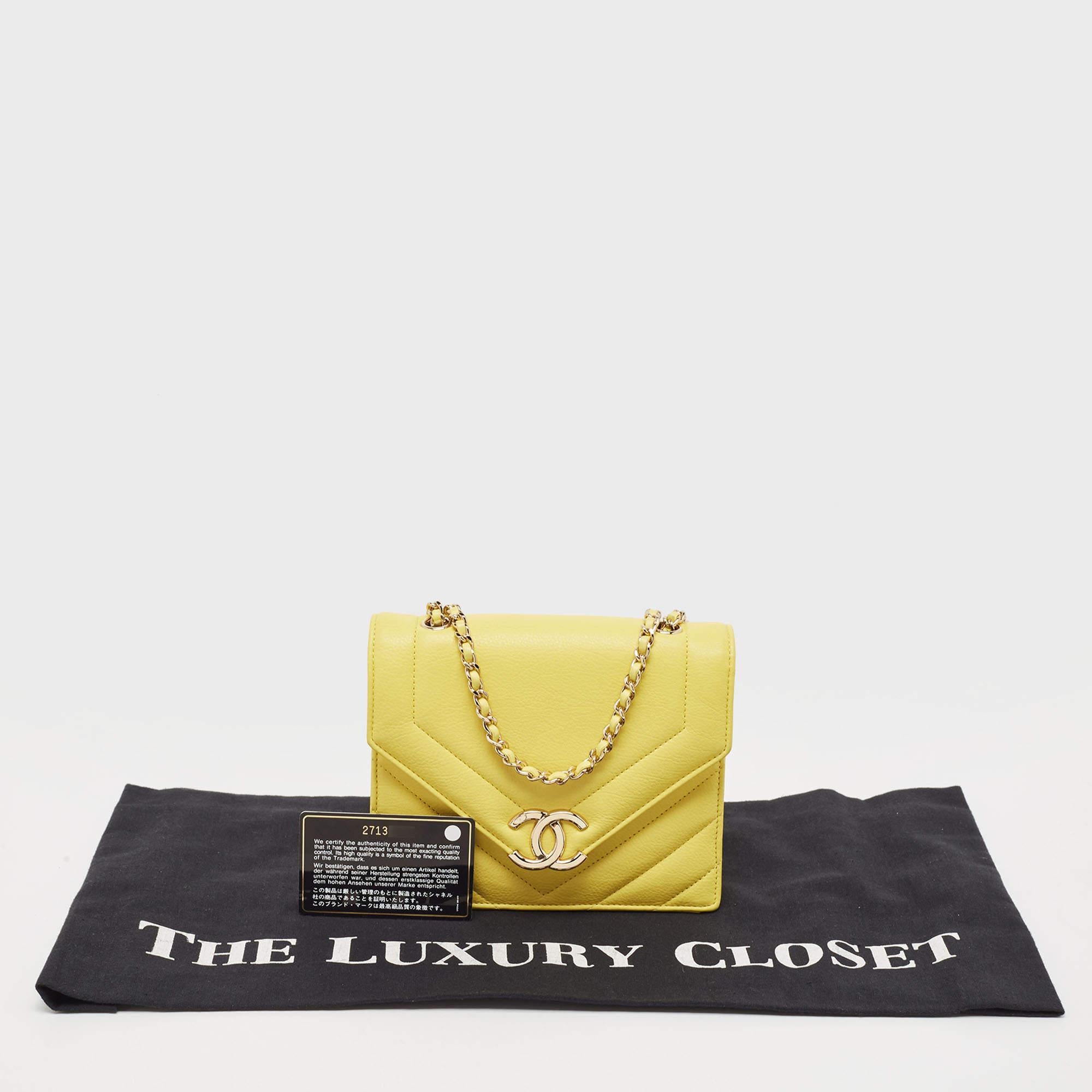 Chanel Yellow Leather Small Vintage Chevron Flap Bag 7