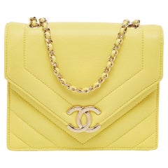 Chanel Yellow Leather Small Vintage Chevron Flap Bag