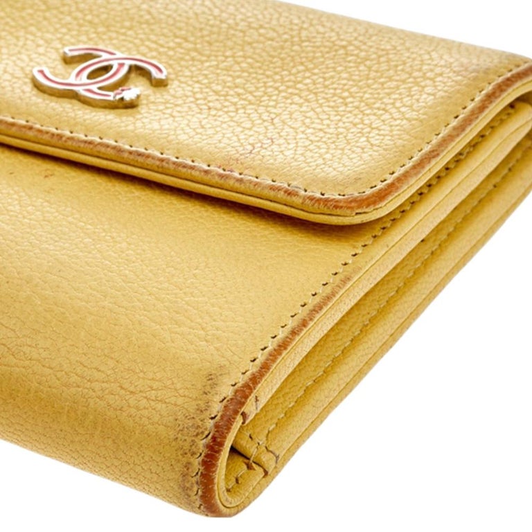 Chanel Tan Brown Beige Pebbled Leather Trifold Wallet w Coin Purse