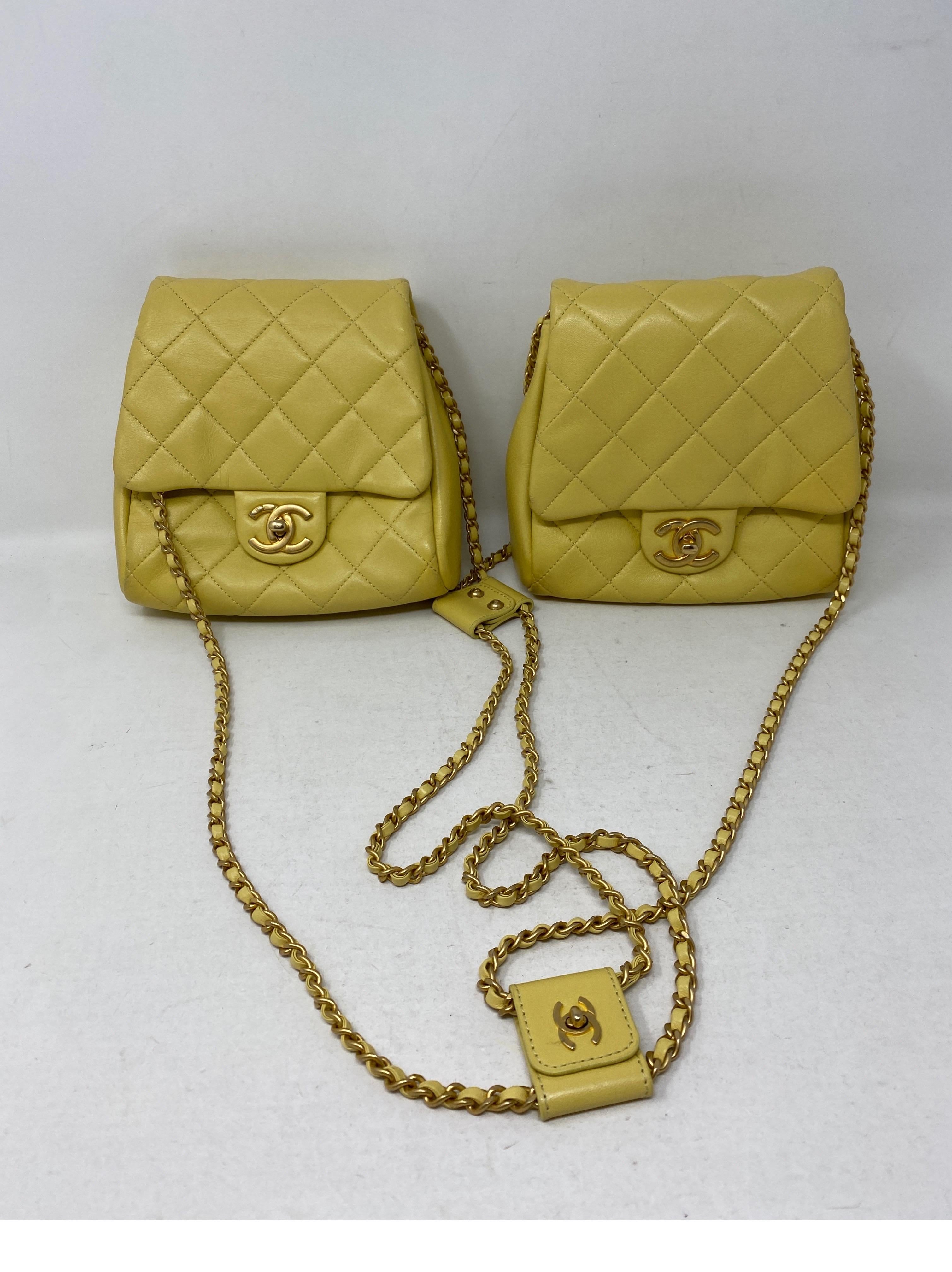 Chanel Yellow Medium Side-Packs Bag. Runway 2019 most wanted bag. Goldtone hardware. Two bags in one look. Fun and unique look. Rare and limited. Has some wear on the back of one bag. Please check all photos. The bag is used but can be