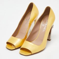 Chanel Yellow Patent Leather CC Open Toe Pumps Size 38