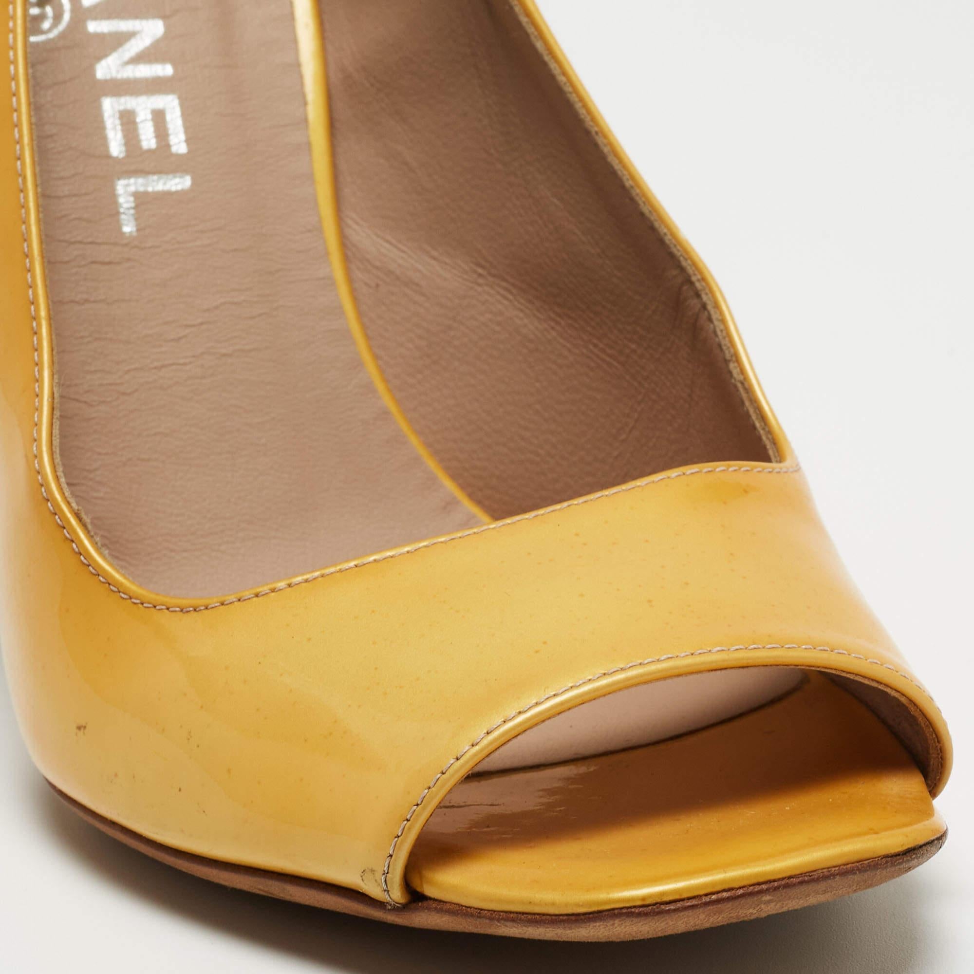 Chanel Yellow Patent Leather Peep Toe Block Heel Pumps Size 36 4