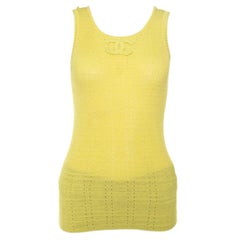 Chanel Yellow Perforated Rib Knit Logo Applique Detail Sleeveless Tank Top S