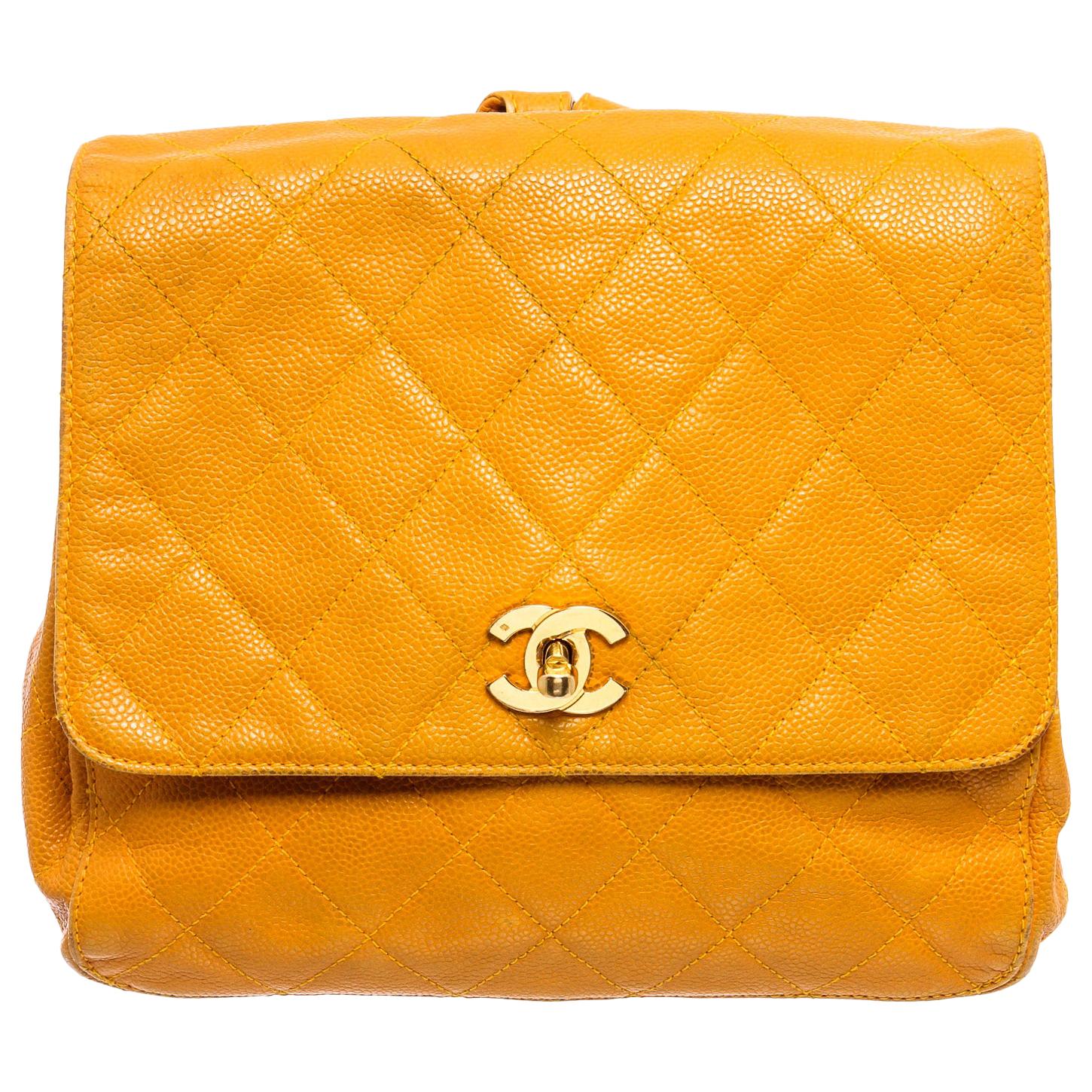 Chanel Yellow Quilted Caviar Leather CC Backpack