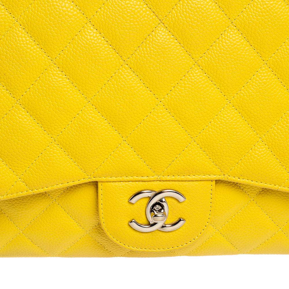 Chanel Yellow Quilted Caviar Leather Jumbo Classic Single Flap Bag 3