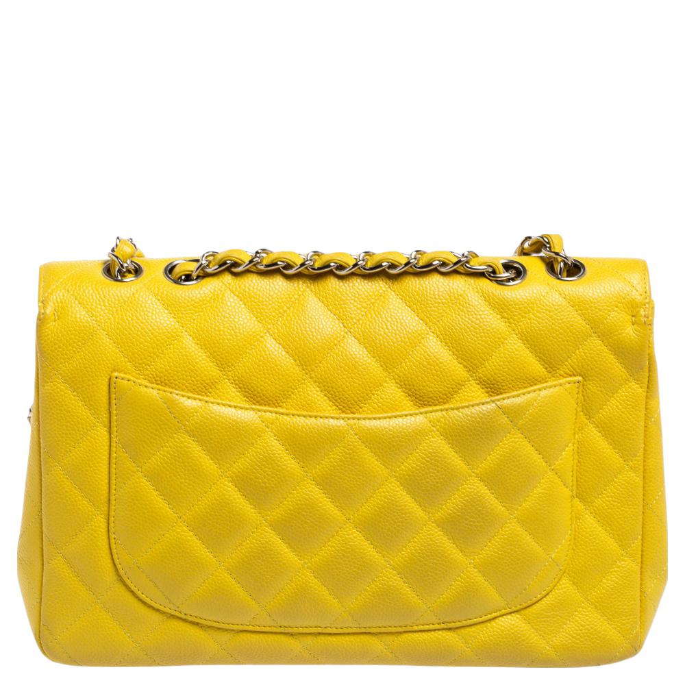 Chanel Yellow Quilted Caviar Leather Jumbo Classic Single Flap Bag 4